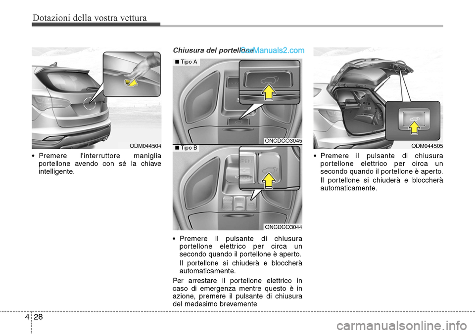 Hyundai Santa Fe 2016  Manuale del proprietario (in Italian) Dotazioni della vostra vettura
28 4
• Premere linterruttore maniglia
portellone avendo con sé la chiave
intelligente.
Chiusura del portellone
• Premere il pulsante di chiusura
portellone elettri
