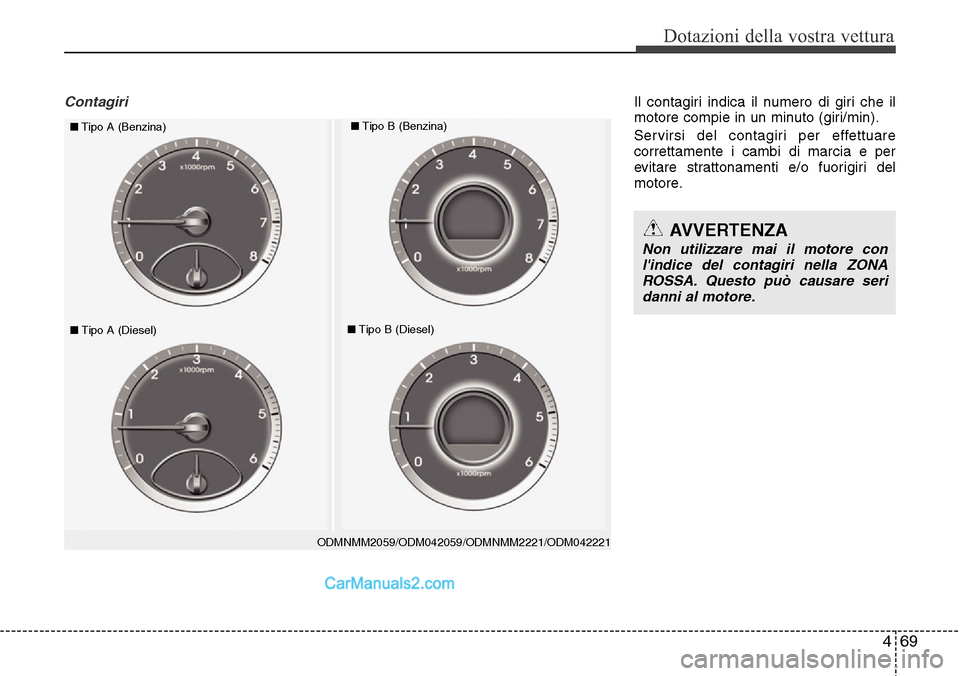Hyundai Santa Fe 2016  Manuale del proprietario (in Italian) 469
Dotazioni della vostra vettura
Contagiri
ODMNMM2059/ODM042059/ODMNMM2221/ODM042221
■Tipo A (Benzina)■Tipo B (Benzina)
■Tipo A (Diesel)■Tipo B (Diesel)
AVVERTENZA
Non utilizzare mai il moto