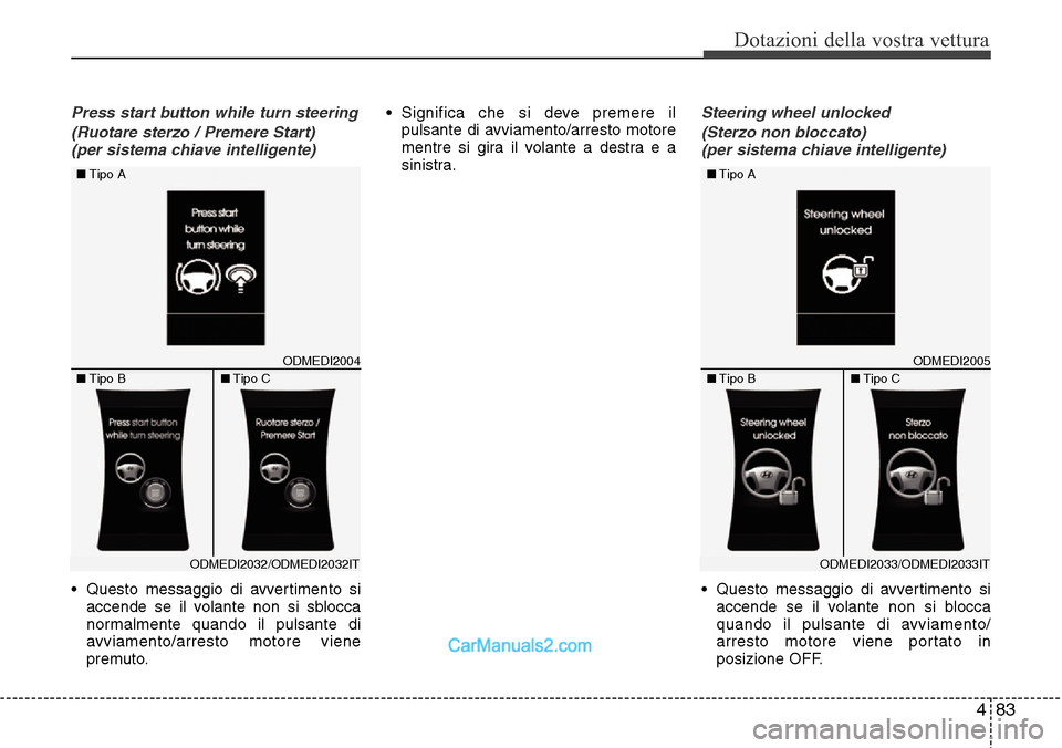 Hyundai Santa Fe 2016  Manuale del proprietario (in Italian) 483
Dotazioni della vostra vettura
Press start button while turn steering
(Ruotare sterzo / Premere Start) 
(per sistema chiave intelligente)
• Questo messaggio di avvertimento si
accende se il vola