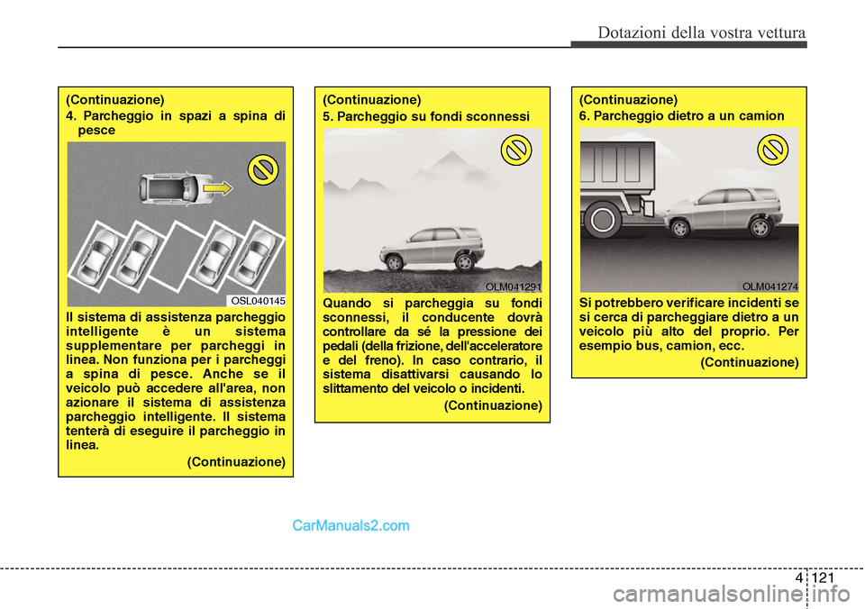 Hyundai Santa Fe 2016  Manuale del proprietario (in Italian) 4 121
Dotazioni della vostra vettura
(Continuazione)
4. Parcheggio in spazi a spina di
pesce 
Il sistema di assistenza parcheggio
intelligente è un sistema
supplementare per parcheggi in
linea. Non f