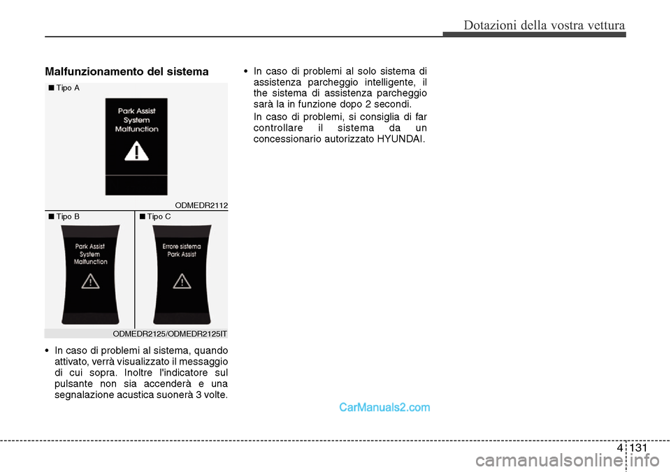 Hyundai Santa Fe 2016  Manuale del proprietario (in Italian) 4 131
Dotazioni della vostra vettura
Malfunzionamento del sistema
• In caso di problemi al sistema, quando
attivato, verrà visualizzato il messaggio
di cui sopra. Inoltre lindicatore sul
pulsante 