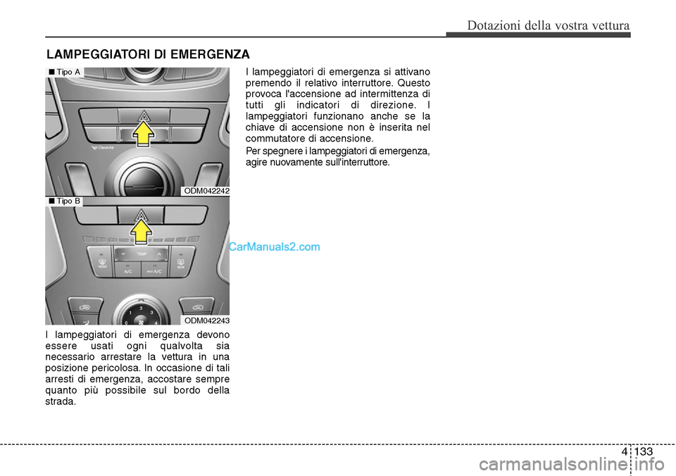 Hyundai Santa Fe 2016  Manuale del proprietario (in Italian) 4 133
Dotazioni della vostra vettura
I lampeggiatori di emergenza devono
essere usati ogni qualvolta sia
necessario arrestare la vettura in una
posizione pericolosa. In occasione di tali
arresti di em