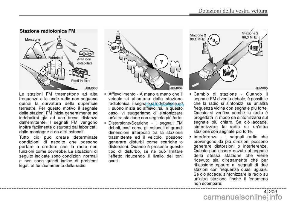 Hyundai Santa Fe 2016 Manuale del proprietario (in Italian) 4 203
Dotazioni della vostra vettura
Le stazioni FM trasmettono ad alta
frequenza e le onde radio non seguono
quindi la curvatura della superficie
terrestre. Per questo motivo il segnale
delle stazion Hyundai Santa Fe 2016 Manuale del proprietario (in Italian) 4 203
Dotazioni della vostra vettura
Le stazioni FM trasmettono ad alta
frequenza e le onde radio non seguono
quindi la curvatura della superficie
terrestre. Per questo motivo il segnale
delle stazion