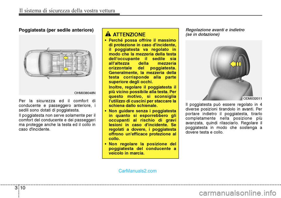 Hyundai Santa Fe 2016 Manuale del proprietario (in Italian) Il sistema di sicurezza della vostra vettura
10 3
Poggiatesta (per sedile anteriore)
Per la sicurezza ed il comfort di
conducente e passeggero anteriore, i
sedili sono dotati di poggiatesta.
Il poggia Hyundai Santa Fe 2016 Manuale del proprietario (in Italian) Il sistema di sicurezza della vostra vettura
10 3
Poggiatesta (per sedile anteriore)
Per la sicurezza ed il comfort di
conducente e passeggero anteriore, i
sedili sono dotati di poggiatesta.
Il poggia