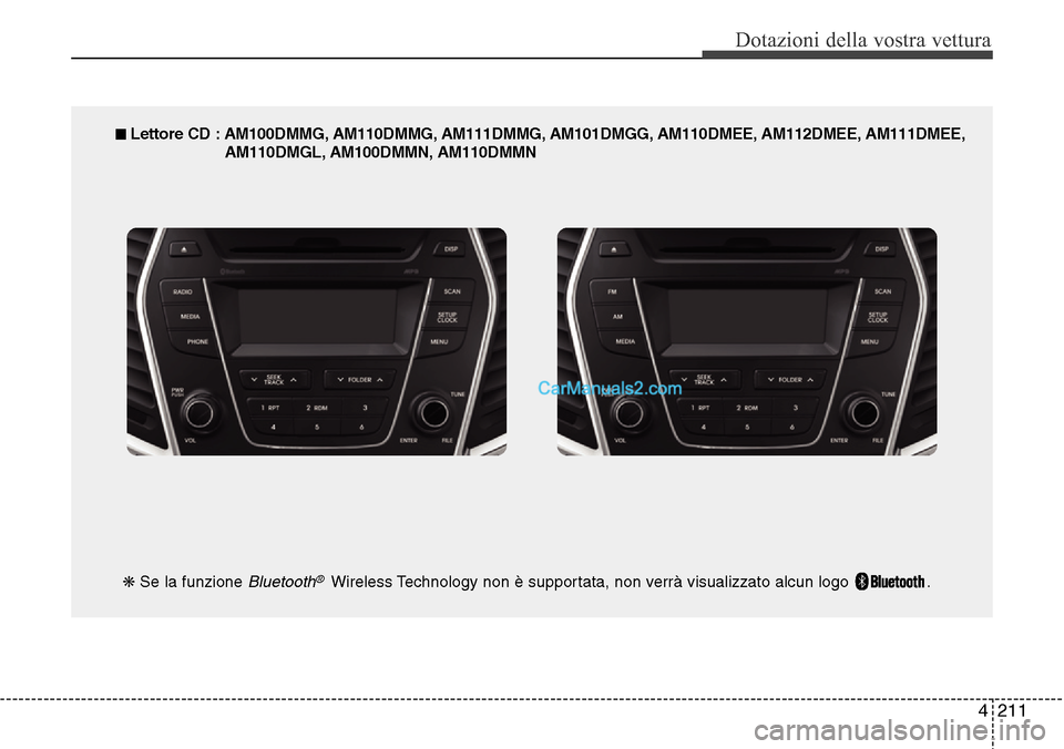 Hyundai Santa Fe 2016  Manuale del proprietario (in Italian) 4 211
Dotazioni della vostra vettura
■ Lettore CD : AM100DMMG, AM110DMMG, AM111DMMG, AM101DMGG, AM110DMEE, AM112DMEE, AM111DMEE,
AM110DMGL, AM100DMMN, AM110DMMN
❋Se la funzione 
Bluetooth®Wireles