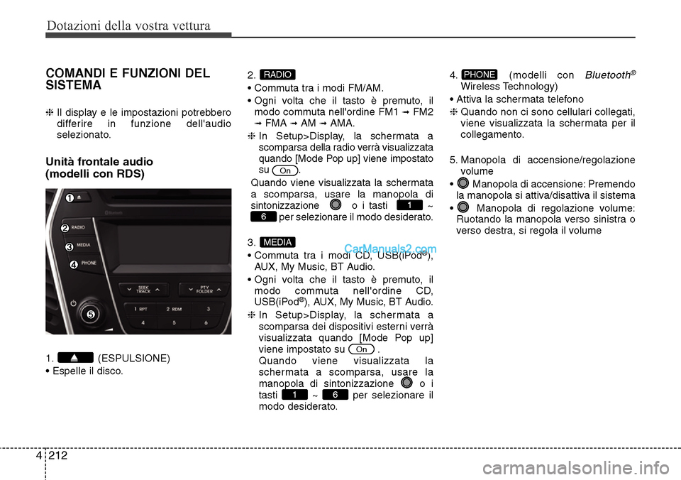Hyundai Santa Fe 2016 Manuale del proprietario (in Italian) Dotazioni della vostra vettura
212 4
COMANDI E FUNZIONI DEL
SISTEMA
❈ Il display e le impostazioni potrebbero
differire in funzione dellaudio
selezionato.
Unità frontale audio
(modelli con RDS)
1 Hyundai Santa Fe 2016 Manuale del proprietario (in Italian) Dotazioni della vostra vettura
212 4
COMANDI E FUNZIONI DEL
SISTEMA
❈ Il display e le impostazioni potrebbero
differire in funzione dellaudio
selezionato.
Unità frontale audio
(modelli con RDS)
1
