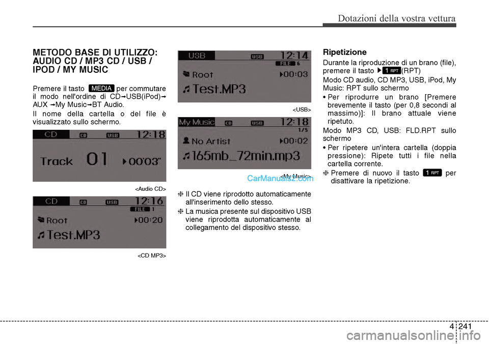 Hyundai Santa Fe 2016  Manuale del proprietario (in Italian) 4 241
Dotazioni della vostra vettura
METODO BASE DI UTILIZZO:
AUDIO CD / MP3 CD / USB /
IPOD / MY MUSIC
Premere il tasto   per commutare
il modo nellordine di CD➟USB(iPod)➟AUX ➟My Music➟BT Au