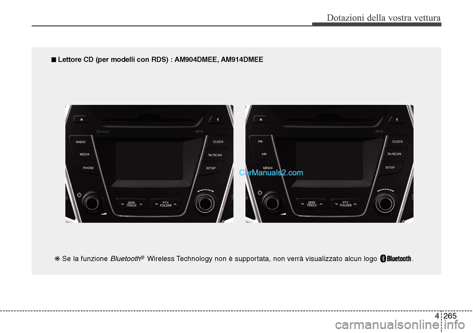 Hyundai Santa Fe 2016  Manuale del proprietario (in Italian) 4 265
Dotazioni della vostra vettura
■ Lettore CD (per modelli con RDS) : AM904DMEE, AM914DMEE
❋Se la funzione 
Bluetooth®Wireless Technology non è supportata, non verrà visualizzato alcun logo