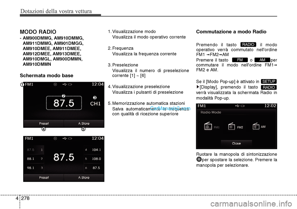 Hyundai Santa Fe 2016  Manuale del proprietario (in Italian) Dotazioni della vostra vettura
278 4
MODO RADIO 
- AM900DMMG, AM910DMMG,
AM911DMMG, AM901DMGG,
AM910DMEE, AM911DMEE,
AM912DMEE, AM913DMEE,
AM910DMGL, AM900DMMN,
AM910DMMN
Schermata modo base
1. Visual