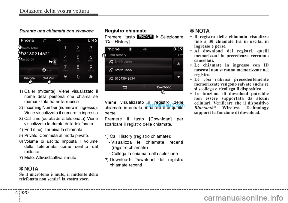Hyundai Santa Fe 2016 Manuale del proprietario (in Italian) Dotazioni della vostra vettura
320 4
Durante una chiamata con vivavoce
1) Caller (mittente): Viene visualizzato il
nome della persona che chiama se
memorizzata tra nella rubrica
2) Incoming Number (nu Hyundai Santa Fe 2016 Manuale del proprietario (in Italian) Dotazioni della vostra vettura
320 4
Durante una chiamata con vivavoce
1) Caller (mittente): Viene visualizzato il
nome della persona che chiama se
memorizzata tra nella rubrica
2) Incoming Number (nu