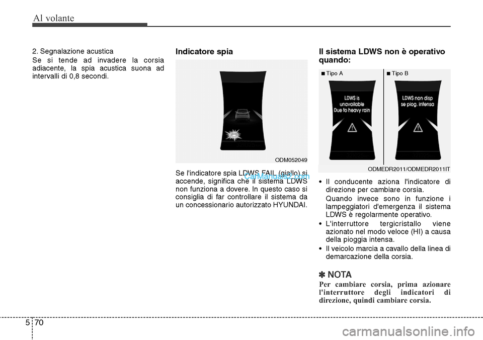 Hyundai Santa Fe 2016  Manuale del proprietario (in Italian) Al volante
70 5
2. Segnalazione acustica
Se si tende ad invadere la corsia
adiacente, la spia acustica suona ad
intervalli di 0,8 secondi.Indicatore spia
Se lindicatore spia LDWS FAIL (giallo) si
acc