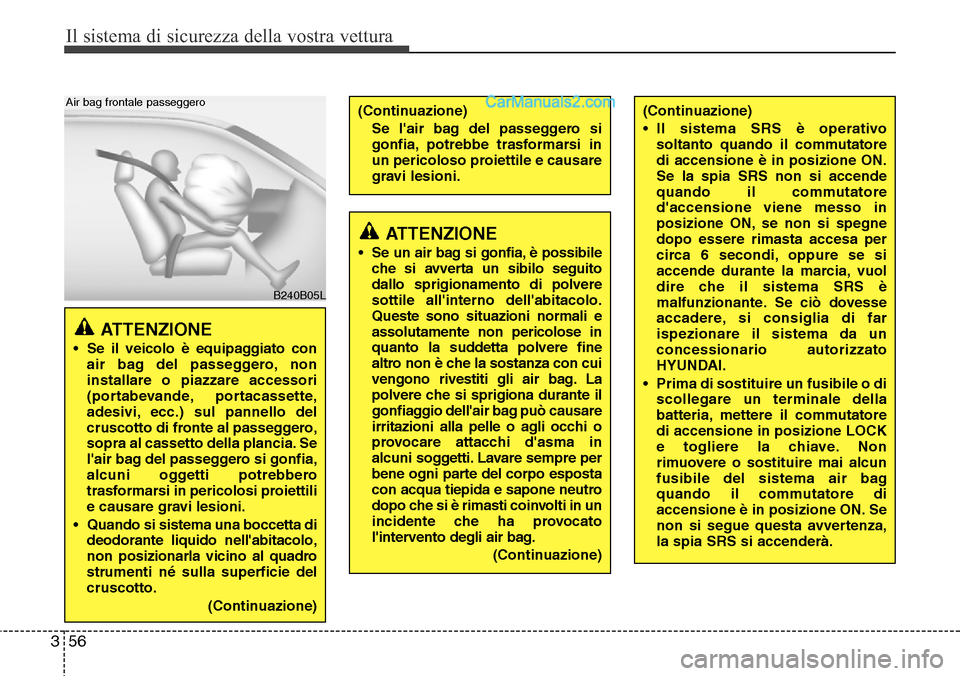 Hyundai Santa Fe 2016 Manuale del proprietario (in Italian) Il sistema di sicurezza della vostra vettura
56 3
ATTENZIONE
• Se il veicolo è equipaggiato con
air bag del passeggero, non
installare o piazzare accessori
(portabevande, portacassette,
adesivi, e Hyundai Santa Fe 2016 Manuale del proprietario (in Italian) Il sistema di sicurezza della vostra vettura
56 3
ATTENZIONE
• Se il veicolo è equipaggiato con
air bag del passeggero, non
installare o piazzare accessori
(portabevande, portacassette,
adesivi, e