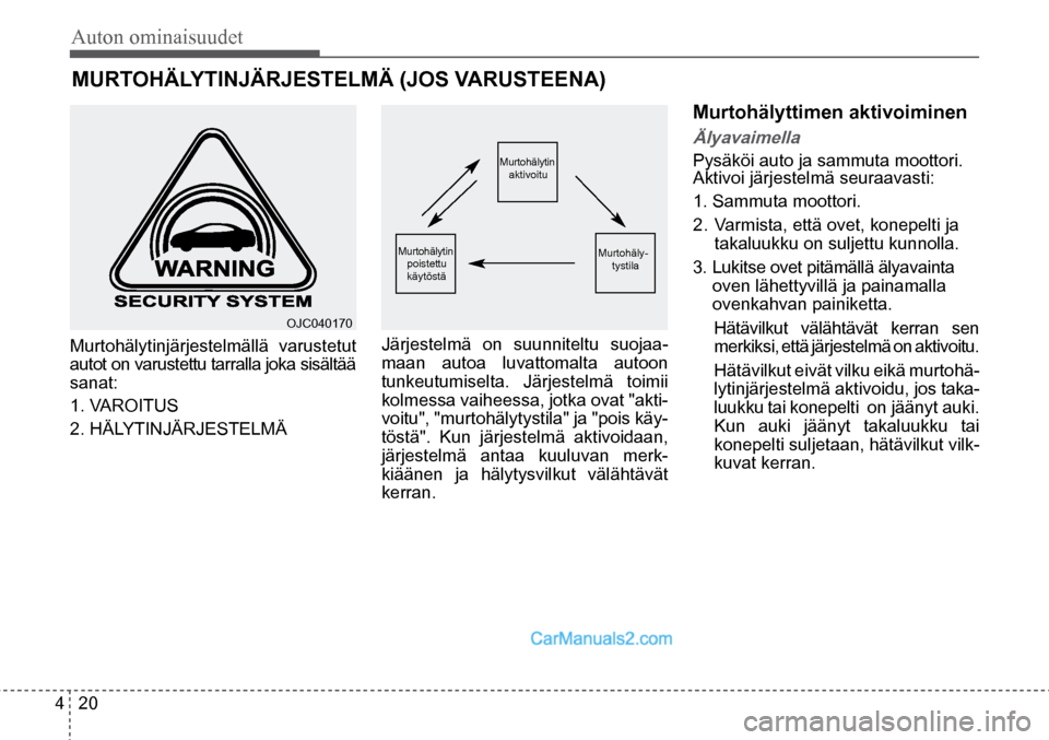 Hyundai Santa Fe 2016  Omistajan Käsikirja (in Finnish) Auton ominaisuudet 
4  20
OJC040170  
Murtohälytin 
poistettu 
käytöstä   Murtohälytin 
aktivoitu  
Murtohäly-
tystila  
MURTOHÄLYTINJÄRJESTELMÄ (JOS VARUSTEENA)  
Murtohälytinjärjestelmäl