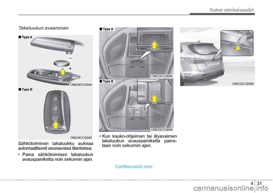 Hyundai Santa Fe 2016  Omistajan Käsikirja (in Finnish) Auton ominaisuudet  
4  31
•  Kun  kauko-ohjaimen  tai  älyavaimen 
takaluukun avauspainiketta paine -
taan noin sekunnin ajan.
Takaluukun avaaminen  
Sähkötoiminen takaluukku aukeaa 
automaattis