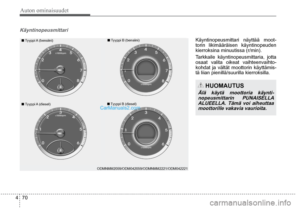 Hyundai Santa Fe 2016  Omistajan Käsikirja (in Finnish) Auton ominaisuudet 
4  70
■ Tyyppi A  (bensiini) 
■ Tyyppi A  (diesel)  ■ Tyyppi B (bensiini) 
■ Tyyppi B (diesel)  
ODMNMM2059/ODM042059/ODMNMM2221/ODM042221  
 HUOMAUTUS 
Älä käytä moott