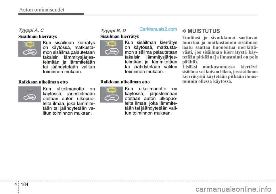 Hyundai Santa Fe 2016 Omistajan Käsikirja (in Finnish) Auton ominaisuudet
4 184
Tyyppi B, D
Sisäilman kierrätys
Kun sisäilman kierrätys
on käytössä, matkusta-
mon sisäilma palautetaan
takaisin lämmitysjärjes -
telmään ja lämmite Hyundai Santa Fe 2016 Omistajan Käsikirja (in Finnish) Auton ominaisuudet
4 184
Tyyppi B, D
Sisäilman kierrätys
Kun sisäilman kierrätys
on käytössä, matkusta-
mon sisäilma palautetaan
takaisin lämmitysjärjes -
telmään ja lämmite