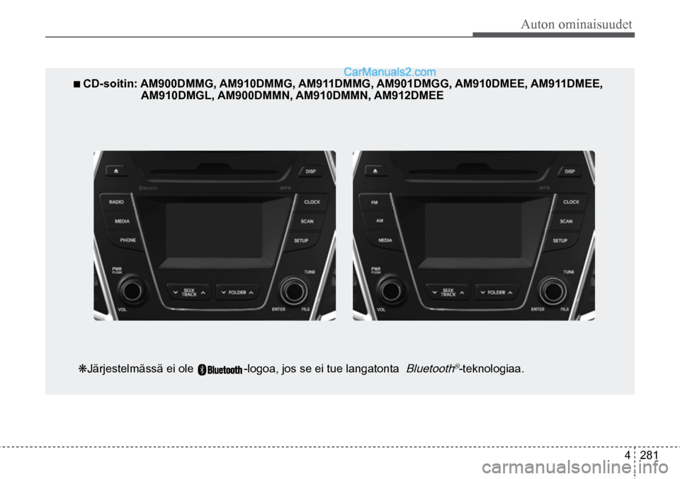 Hyundai Santa Fe 2016  Omistajan Käsikirja (in Finnish) Auton ominaisuudet
4  281
■ CD-soitin: AM900DMMG, AM910DMMG, AM911DMMG, AM901DMGG, AM910DMEE, AM911DMEE, 
AM910DMGL, AM900DMMN, AM910DMMN, AM912DMEE  
❋Järjestelmässä ei ole    -logoa, jos se e