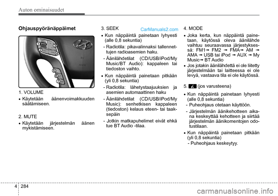 Hyundai Santa Fe 2016 Omistajan Käsikirja (in Finnish) Auton ominaisuudet
4 284
Ohjauspyöränäppäimet
1. VOLUME
• Käytetään äänenvoimakkuuden
säätämiseen.
2. MUTE
• Käytetään järjestelmän äänen
mykistämiseen.
3. SEEK
• Ku Hyundai Santa Fe 2016 Omistajan Käsikirja (in Finnish) Auton ominaisuudet
4 284
Ohjauspyöränäppäimet
1. VOLUME
• Käytetään äänenvoimakkuuden
säätämiseen.
2. MUTE
• Käytetään järjestelmän äänen
mykistämiseen.
3. SEEK
• Ku