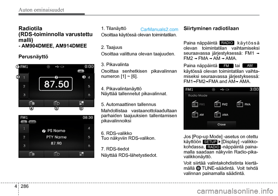 Hyundai Santa Fe 2016 Omistajan Käsikirja (in Finnish) Auton ominaisuudet
4 286
AM FM
RADIO
Radiotila
(RDS-toiminnolla varustettu
malli)
- AM904DMEE, AM914DMEE
Perusnäyttö
1. Tilanäyttö
Osoittaa käytössä olevan toimintatilan.
2. Taaju Hyundai Santa Fe 2016 Omistajan Käsikirja (in Finnish) Auton ominaisuudet
4 286
AM FM
RADIO
Radiotila
(RDS-toiminnolla varustettu
malli)
- AM904DMEE, AM914DMEE
Perusnäyttö
1. Tilanäyttö
Osoittaa käytössä olevan toimintatilan.
2. Taaju