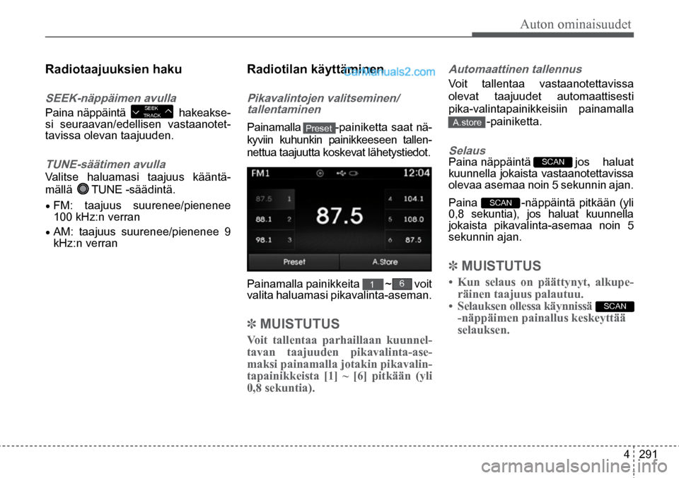 Hyundai Santa Fe 2016 Omistajan Käsikirja (in Finnish) Auton ominaisuudet
4 291
SCAN
SEEK
TRACK
Radiotaajuuksien haku
SEEK-näppäimen avulla
Paina näppäintä hakeakse-
si seuraavan/edellisen vastaanotet-
tavissa olevan taajuuden.
TUNE-sä Hyundai Santa Fe 2016 Omistajan Käsikirja (in Finnish) Auton ominaisuudet
4 291
SCAN
SEEK
TRACK
Radiotaajuuksien haku
SEEK-näppäimen avulla
Paina näppäintä hakeakse-
si seuraavan/edellisen vastaanotet-
tavissa olevan taajuuden.
TUNE-sä