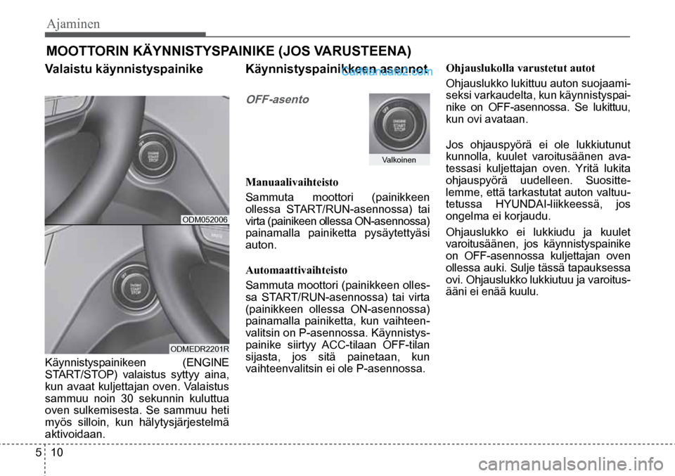 Hyundai Santa Fe 2016 Omistajan Käsikirja (in Finnish) Ajaminen
5 10
Valkoinen
ODM052006
ODMEDR2201R
MOOTTORIN KÄYNNISTYSPAINIKE (JOS VARUSTEENA)
Valaistu käynnistyspainike
Käynnistyspainikeen (ENGINE
START/STOP) valaistus syttyy aina,
Hyundai Santa Fe 2016 Omistajan Käsikirja (in Finnish) Ajaminen
5 10
Valkoinen
ODM052006
ODMEDR2201R
MOOTTORIN KÄYNNISTYSPAINIKE (JOS VARUSTEENA)
Valaistu käynnistyspainike
Käynnistyspainikeen (ENGINE
START/STOP) valaistus syttyy aina,