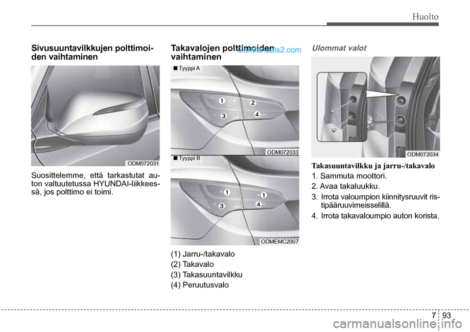 Hyundai Santa Fe 2016  Omistajan Käsikirja (in Finnish) Huolto  
7  93
■  Tyyppi  A  
■ Tyyppi B 
(1) Jarru-/takavalo 
(2) Takavalo 
(3) Takasuuntavilkku 
(4) Peruutusvalo  
ODM072033  
ODMEMC2007  ODM072034  
ODM072031  
Sivusuuntavilkkujen	polttimoi-