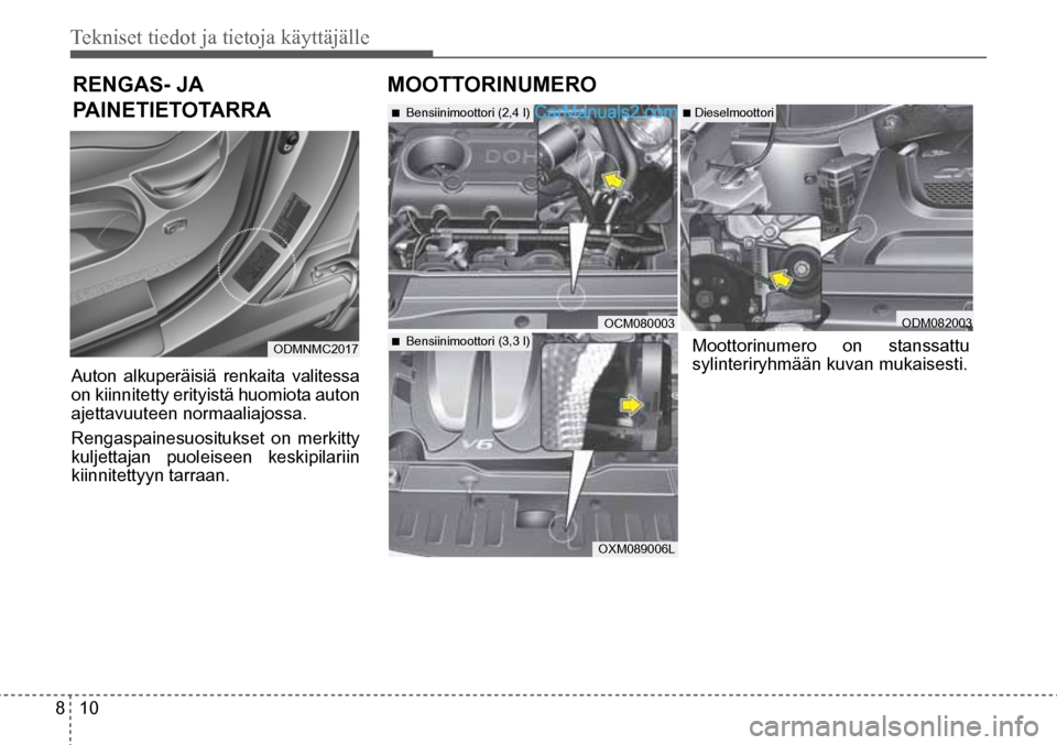 Hyundai Santa Fe 2016  Omistajan Käsikirja (in Finnish) Tekniset tiedot ja tietoja käyttäjälle
8  10
■  Bensiinimoottori (2,4 l)  
■  Bensiinimoottori (3,3 l)  
■  Dieselmoottori  
OCM080003   ODM082003 
Moottorinumero on stanssattu 
sylinteriryhm