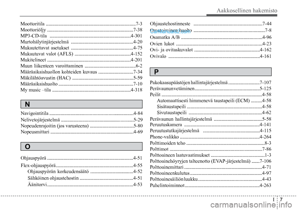 Hyundai Santa Fe 2016  Omistajan Käsikirja (in Finnish) Aakkosellinen hakemisto  
I   7
O  
Ohjauspyörä ......................................................\
...............4-51
Flex-ohjauspyörä .................................................\
....