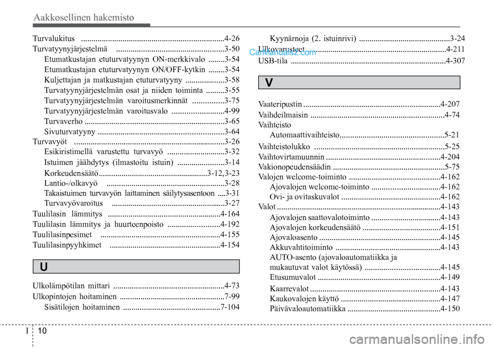 Hyundai Santa Fe 2016  Omistajan Käsikirja (in Finnish) Aakkosellinen hakemisto  
I   10
Turvalukitus .....................................................................4-26 
Turvatyynyjärjestelmä ....................................................3-5