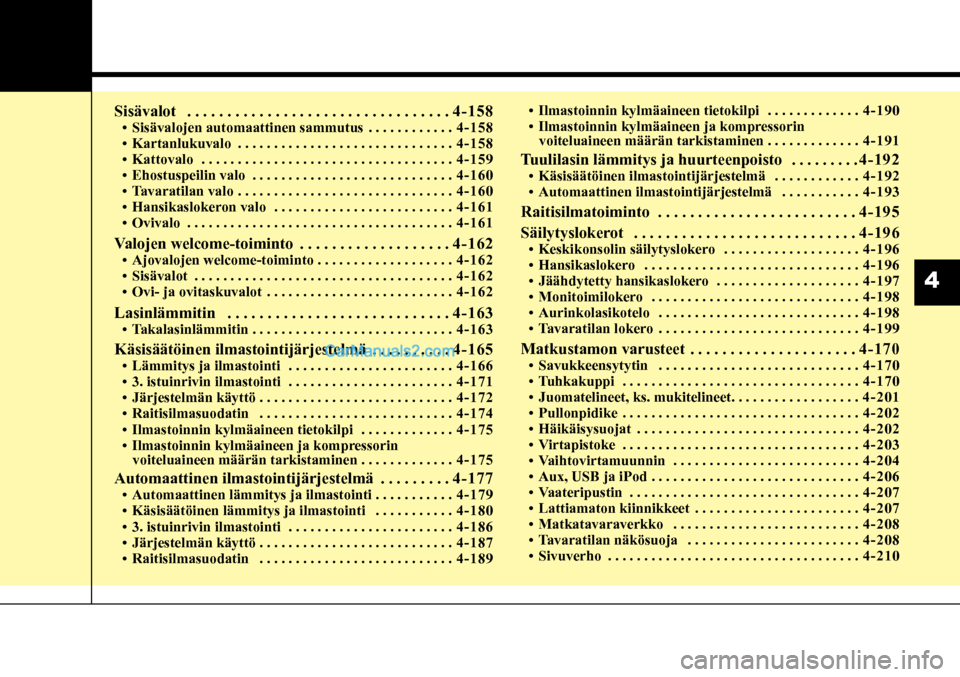 Hyundai Santa Fe 2016  Omistajan Käsikirja (in Finnish) 4  
Sisävalot  ................................. 4-158 • Sisävalojen automaattinen sammutus  ............4-158 • Kartanlukuvalo  .............................. 4-158• Kattovalo  ..............