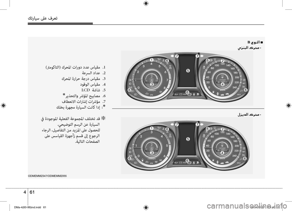 Hyundai Santa Fe 2016  دليل المالك كترايس لىع فرعت
61 
4
كترايس لىع فرعت
61  
4
)ترموكاتلا( كر\fلما تارو\b \bدع سايقم  
.1
 ةعسرلا \bادع  
.2
 كر\fلما ةرارح ةجر\b