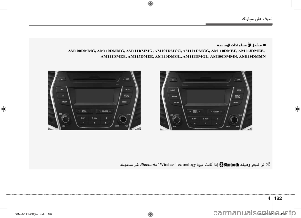 Hyundai Santa Fe 2016  دليل المالك كترايس لىع فرعت
182 
4
001E00CF00870064009B003F001E004En
 
AM100DMMG, AM110DMMG, AM111DMMG, AM101DMCG, AM101DMGG, AM110DMEE, AM112DMEE, 
AM111DMEE, AM113DMEE, AM110DMGL, AM111DMGL, AM100D
