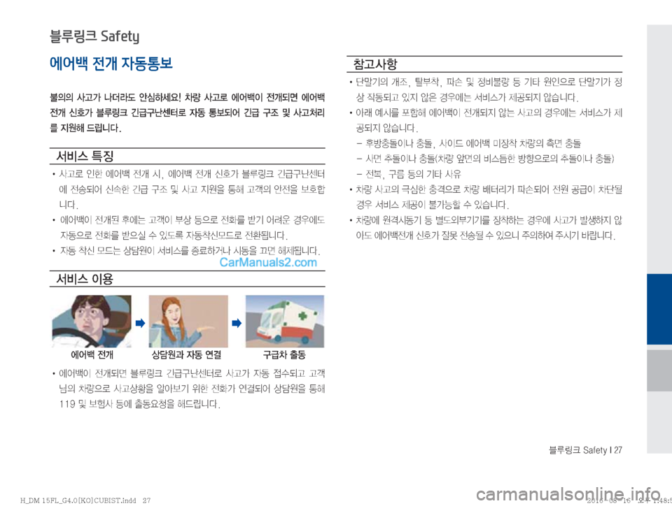 Hyundai Santa Fe 2016  싼타페DM 블루링크, UVO (in Korean) 6Bü��4�B�G�F�U�Z��*���
에어백 전개 자동통보

D
D� 