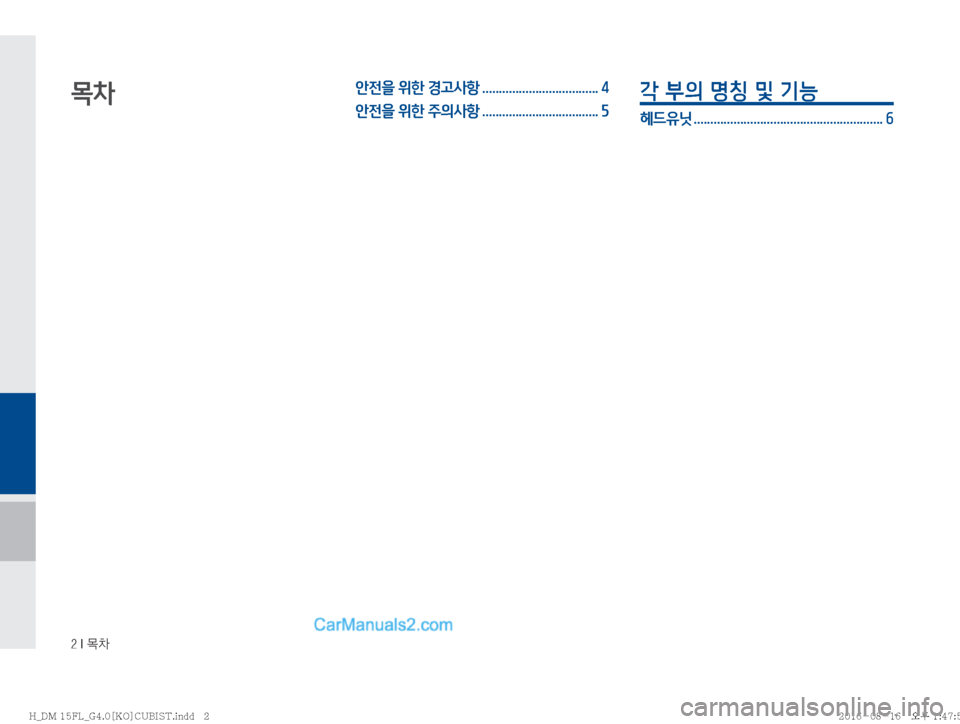 Hyundai Santa Fe 2016  싼타페DM 블루링크, UVO (in Korean) ���*�~0
목차안전을 위한 경고사항 ................................... 4
안전을 위한 주의사항 ................................... 5각 부의 명칭 및 기능 
헤드유닛 ...