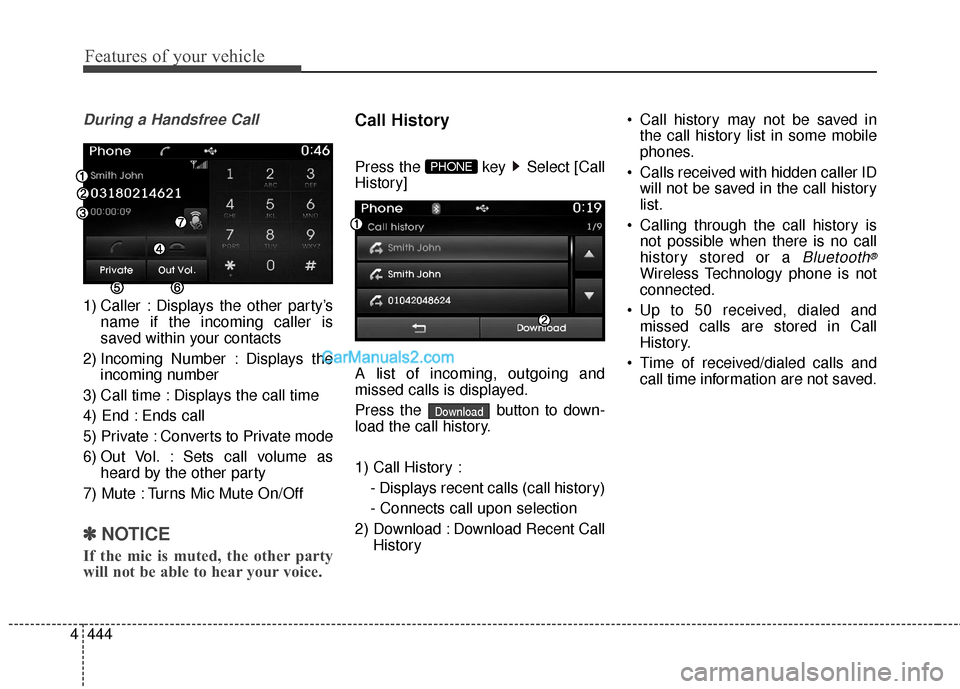 Hyundai Santa Fe 2015 Owners Manual Features of your vehicle
444
4
During a Handsfree Call
1) Caller : Displays the other party’s
name if the incoming caller is
saved within your contacts
2) Incoming Number : Displays the incoming num Hyundai Santa Fe 2015 Owners Manual Features of your vehicle
444
4
During a Handsfree Call
1) Caller : Displays the other party’s
name if the incoming caller is
saved within your contacts
2) Incoming Number : Displays the incoming num