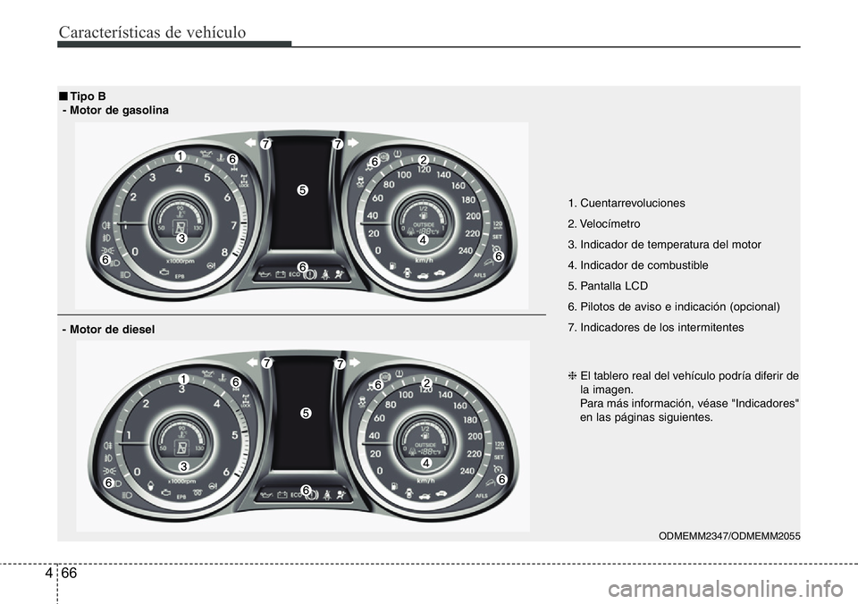 Hyundai Santa Fe 2015  Manual del propietario (in Spanish) Características de vehículo
66 4
ODMEMM2347/ODMEMM2055
■Tipo B
- Motor de gasolina
- Motor de diesel
1. Cuentarrevoluciones
2. Velocímetro
3. Indicador de temperatura del motor
4. Indicador de co