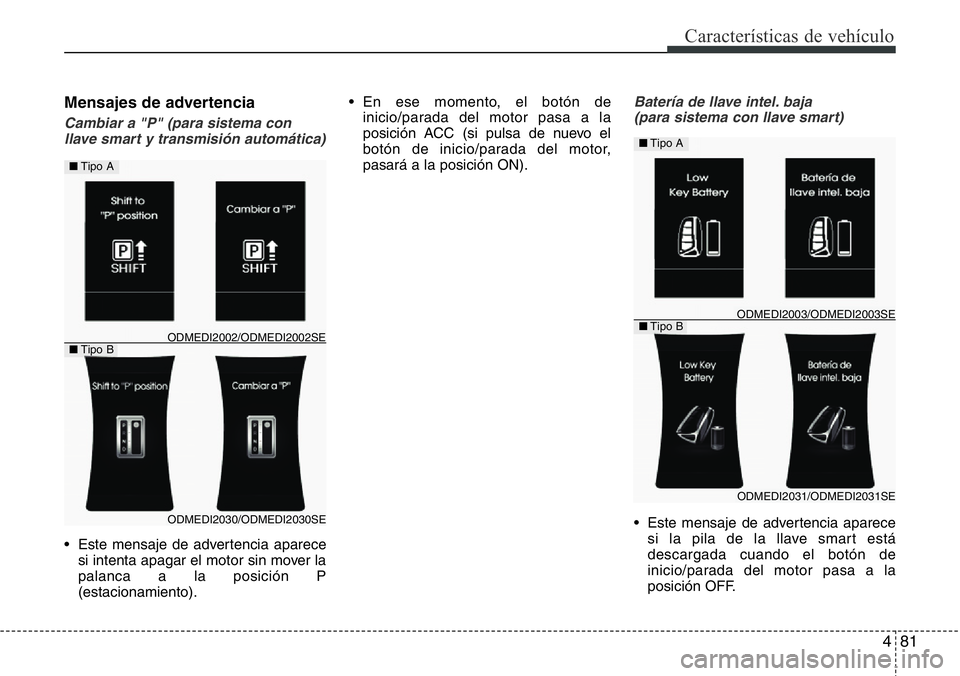 Hyundai Santa Fe 2015  Manual del propietario (in Spanish) 481
Características de vehículo
Mensajes de advertencia
Cambiar a "P" (para sistema con
llave smart y transmisión automática)
• Este mensaje de advertencia aparece
si intenta apagar el m