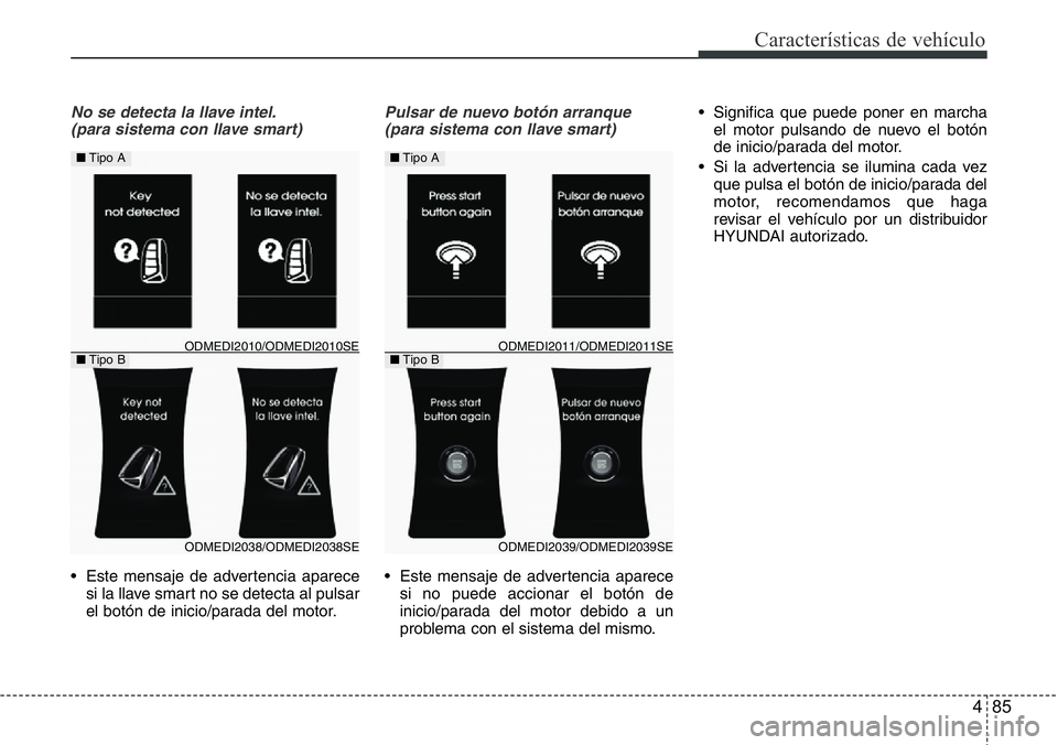 Hyundai Santa Fe 2015  Manual del propietario (in Spanish) 485
Características de vehículo
No se detecta la llave intel.
(para sistema con llave smart)
• Este mensaje de advertencia aparece
si la llave smart no se detecta al pulsar
el botón de inicio/par