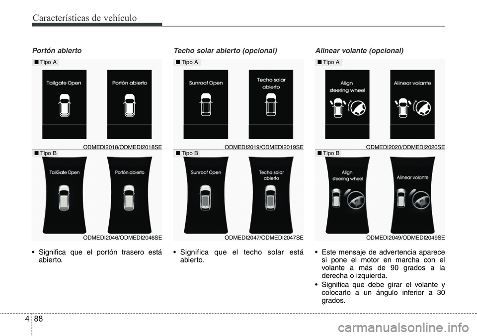 Hyundai Santa Fe 2015  Manual del propietario (in Spanish) Características de vehículo
88 4
Portón abierto 
• Significa que el portón trasero está
abierto.
Techo solar abierto (opcional)
• Significa que el techo solar está
abierto.
Alinear volante (