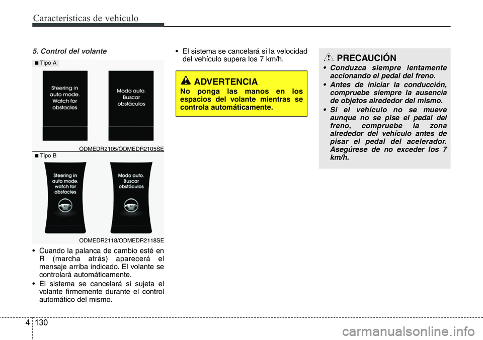 Hyundai Santa Fe 2015  Manual del propietario (in Spanish) Características de vehículo
130 4
5. Control del volante
• Cuando la palanca de cambio esté en
R (marcha atrás) aparecerá el
mensaje arriba indicado. El volante se
controlará automáticamente.