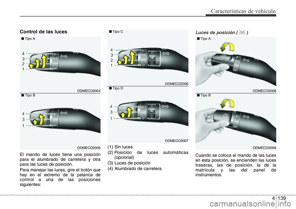 Hyundai Santa Fe 2015  Manual del propietario (in Spanish) 4 139
Características de vehículo
Control de las luces
El mando de luces tiene una posición
para el alumbrado de carretera y otra
para las luces de posición.
Para manejar las luces, gire el botón