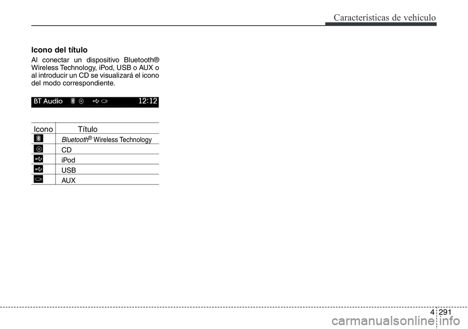 Hyundai Santa Fe 2015  Manual del propietario (in Spanish) 4291
Características de vehículo
Icono del título 
Al conectar un dispositivo Bluetooth®
Wireless Technology, iPod, USB o AUX o
al introducir un CD se visualizará el icono
del modo correspondient