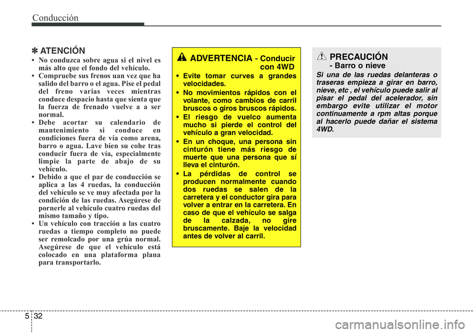 Hyundai Santa Fe 2015 Manual del propietario (in Spanish) Conducción
32 5
✽ATENCIÓN
• No conduzca sobre agua si el nivel es
más alto que el fondo del vehículo.
• Compruebe sus frenos uan vez que ha
salido del barro o el agua. Pise el pedal
del fren Hyundai Santa Fe 2015 Manual del propietario (in Spanish) Conducción
32 5
✽ATENCIÓN
• No conduzca sobre agua si el nivel es
más alto que el fondo del vehículo.
• Compruebe sus frenos uan vez que ha
salido del barro o el agua. Pise el pedal
del fren