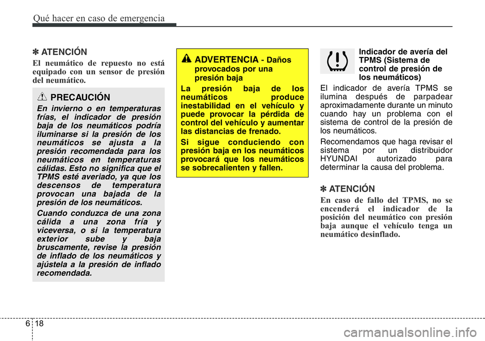 Hyundai Santa Fe 2015  Manual del propietario (in Spanish) Qué hacer en caso de emergencia
18 6
✽ATENCIÓN  
El neumático de repuesto no está
equipado con un sensor de presión
del neumático. 
Indicador de avería del
TPMS (Sistema de
control de presió