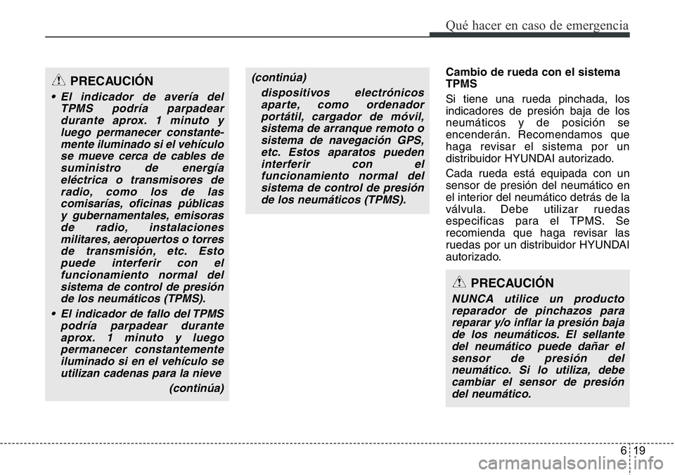 Hyundai Santa Fe 2015  Manual del propietario (in Spanish) 619
Qué hacer en caso de emergencia
Cambio de rueda con el sistema
TPMS 
Si tiene una rueda pinchada, los
indicadores de presión baja de los
neumáticos y de posición se
encenderán. Recomendamos q