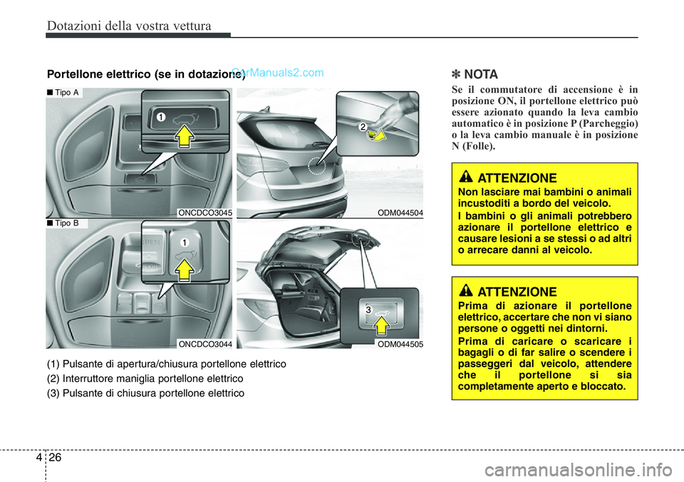 Hyundai Santa Fe 2015  Manuale del proprietario (in Italian) Dotazioni della vostra vettura
26 4
✽NOTA
Se il commutatore di accensione è in
posizione ON, il portellone elettrico può
essere azionato quando la leva cambio
automatico è in posizione P (Parcheg