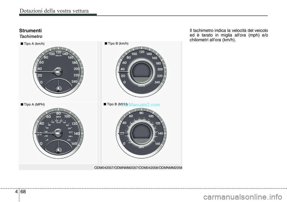 Hyundai Santa Fe 2015  Manuale del proprietario (in Italian) Dotazioni della vostra vettura
68 4
Strumenti
Tachimetro
ODM042057/ODMNMM2057/ODM042058/ODMNMM2058
■Tipo A (km/h)■Tipo B (km/h)
■Tipo A (MPH)■Tipo B (MPH)
Il tachimetro indica la velocità del
