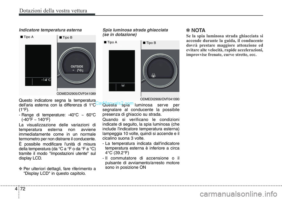 Hyundai Santa Fe 2015 Manuale del proprietario (in Italian) Dotazioni della vostra vettura
72 4
Indicatore temperatura esterna
Questo indicatore segna la temperatura
dell'aria esterna con la differenza di 1°C
(1°F).
- Range di temperature: -40°C ~ 60°C Hyundai Santa Fe 2015 Manuale del proprietario (in Italian) Dotazioni della vostra vettura
72 4
Indicatore temperatura esterna
Questo indicatore segna la temperatura
dell'aria esterna con la differenza di 1°C
(1°F).
- Range di temperature: -40°C ~ 60°C