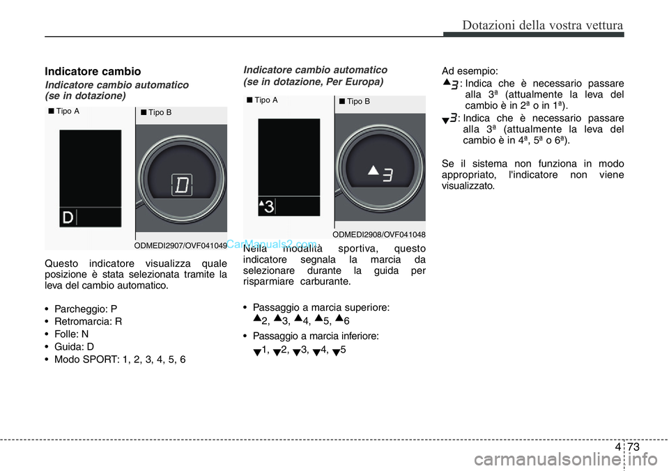Hyundai Santa Fe 2015  Manuale del proprietario (in Italian) 473
Dotazioni della vostra vettura
Indicatore cambio
Indicatore cambio automatico 
(se in dotazione)
Questo indicatore visualizza quale
posizione è stata selezionata tramite la
leva del cambio automa