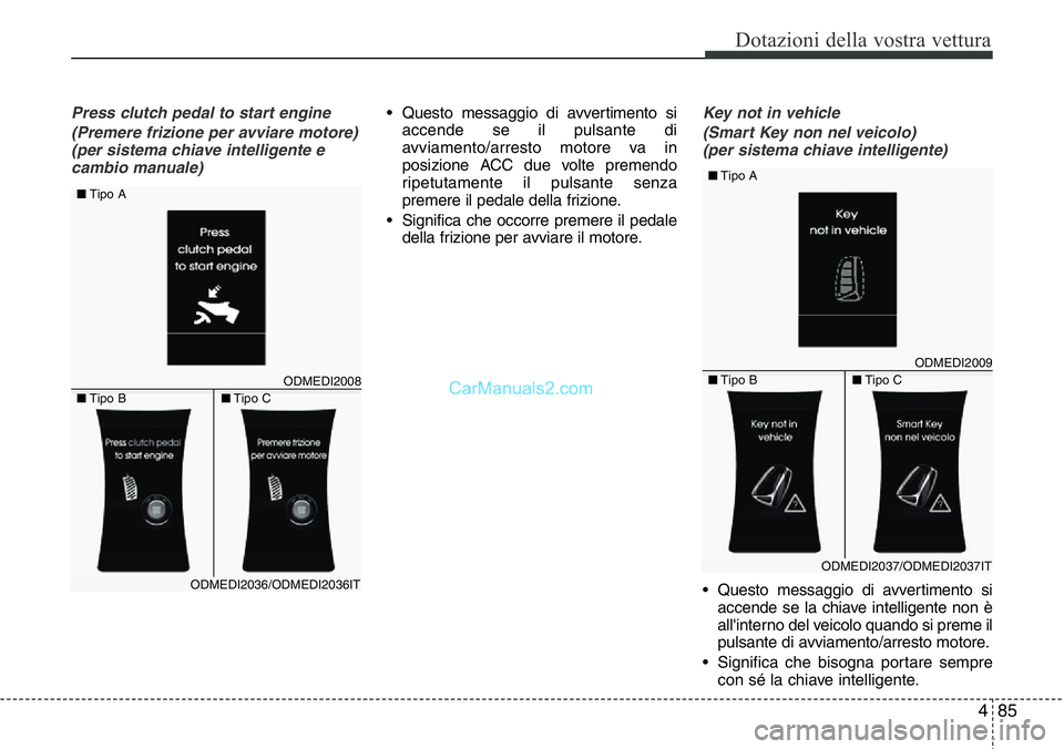 Hyundai Santa Fe 2015  Manuale del proprietario (in Italian) 485
Dotazioni della vostra vettura
Press clutch pedal to start engine
(Premere frizione per avviare motore)
(per sistema chiave intelligente e
cambio manuale)• Questo messaggio di avvertimento si
ac